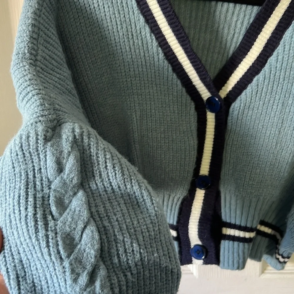 blue buttoned cardigan